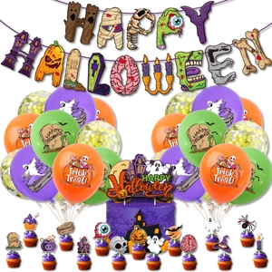 Ensemble détaillé de bannières, ballons et décorations de gâteaux d'Halloween colorés