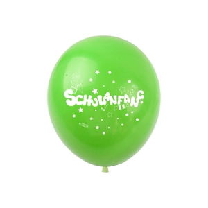 Vue détaillée d'un ballon de fête vert avec impression blanche Schulanfang école