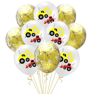Construction party balloons with yellow excavators and gold confetti filled inside