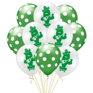 Detailed view of green polka dot balloons and white cactus print party balloons