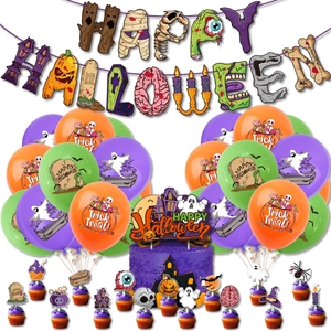 Set déco fête Halloween avec bannière Happy Halloween, ballons et toppers gâteaux