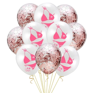 Close-up of pink bikini printed balloons and rose gold confetti balloons set for summer party