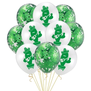 Detail of 10-piece cactus party balloon set with green sequins and gold ribbons