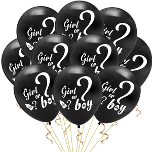 Palloncini neri Boy or Girl per rivelazione genere con punti di domanda e nastri dorati