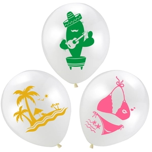 Tropical Hawaii party balloon set with cactus, coconut tree and bikini prints
