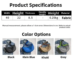 Detailed size specifications for crescent oxford crossbody bags in four colors