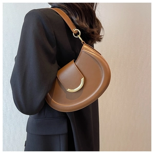 Detail einer vintage braunen Satteltasche aus Leder mit stilvoller goldener Metallschnalle
