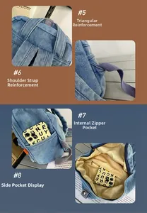 Detail view of reinforced straps, side pocket, and inner zip pocket of denim backpack