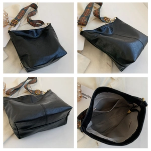 Dettagli della borsa tote in pelle PU nera con tracolla larga stile etnico e tasche interne