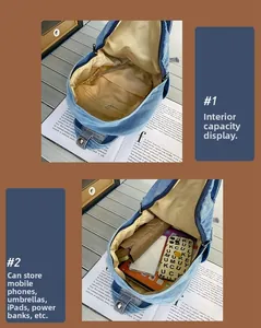 Detailed view of blue denim crossbody bag interior with multiple storage compartments