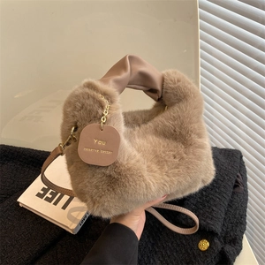 Women Autumn Winter Plush Handbag Fashion Cute Fluffy Shoulder Crossbody Bag With Pleated Synthetic Leather Handle Chain Purse
