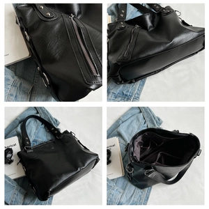 Collage of black PU leather tote bag details showing silver rivets and inner compartments