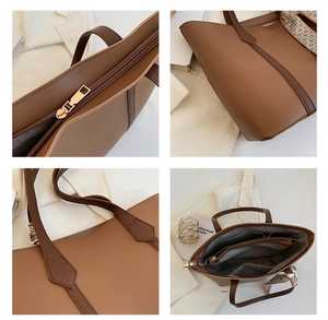 Vue détaillée de l'intérieur d'un sac cabas marron montrant les compartiments et la texture PU