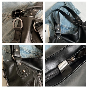Detailed views of black leather tote with silver zippers and reinforced rivets