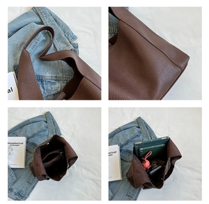 Détails du sac cabas en similicuir marron foncé avec compartiment intérieur spacieux