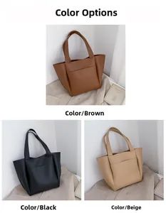 Three-color display of large PU leather tote bags in brown, black, and beige colors