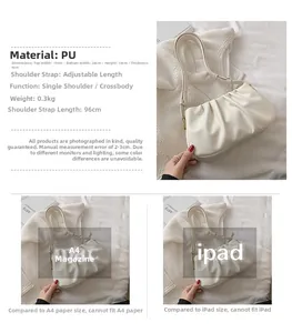 Detailed size specifications for the white ruched PU leather pleated shoulder bag