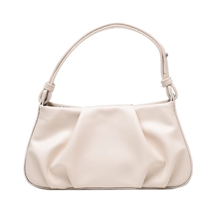Fashionable ruched cloud bag for women in off-white faux leather with shoulder strap