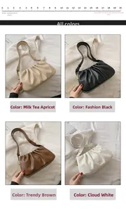 Detail showing pleated shoulder bags in beige, black, brown, and white colors