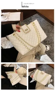 Dettaglio della borsa trapuntata bianca in ecopelle con catena dorata e chiusura a scatto