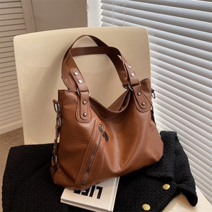 Women Large Capacity PU Leather Tote Bag Fashion Rivet Side Zipper Minimalist Commuting Shoulder Bag With Detachable Strap