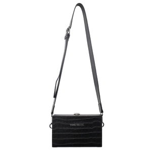 Vertical black crocodile pattern mini crossbody phone bag with silver metal flip lock