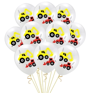 Weiße Latexballons mit Baustellen-Bagger-Druck und Goldbändern für Geburtstagsfeiern