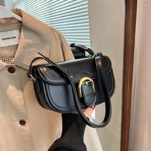Vintage Women PU Leather Saddle Shoulder Bag Gold Horseshoe Buckle Adjustable Strap Solid Color Fashion Crossbody Bag Gift
