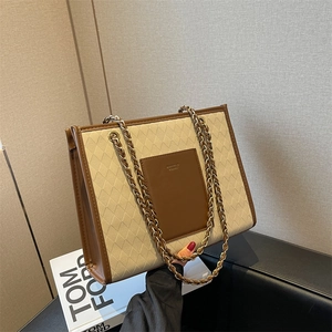 Sac Cabas Femme Grande Capacité Mode Motif Losange Matelassé Couleur Contrastée Sac à Épaule en Cuir PU Avec Bandoulière Chaîne