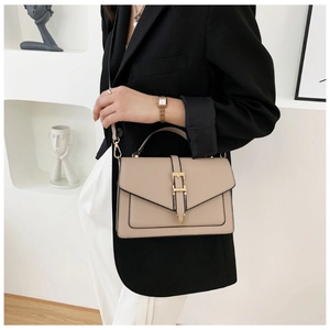Close-up of beige structured crossbody bag with gold buckle and chic top handle
