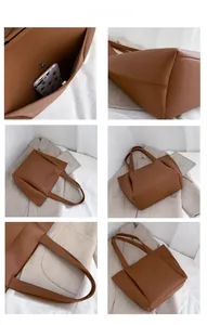 Close-up of brown pebbled leather tote bag showing stitching and silver hardware