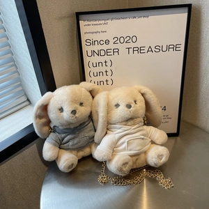 Sac bandoulière lapin en peluche avec chaîne, styles sweats à capuche gris et blanc