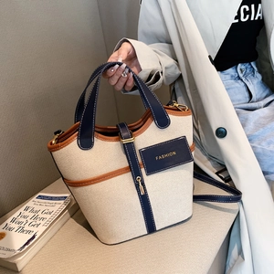 Women Canvas PU Leather Splicing Bucket Bag Contrast Color Handbag Crossbody Tote Bag With Adjustable Strap Commuter Purse