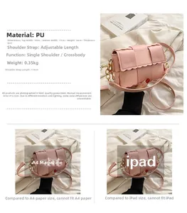 Pink woven PU crossbody bag with size details 18x17x6cm and adjustable chain strap