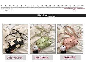 Close-up of three woven crossbody bags with checkered patterns and plush ball charms