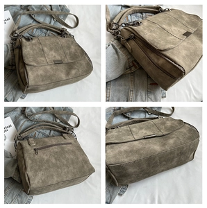 Multi-angle views of a vintage matte tote bag with shoulder strap and bronze hardware