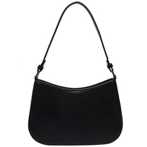 Minimalist black half-moon shoulder bag in smooth faux leather with silver metal rings