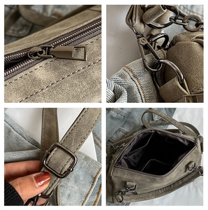 Detailed views of gray-green frosted tote bag with metal hardware and inner pockets