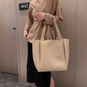 Large soft PU leather tote bag in beige for women, stylish daily commuter shoulder bag