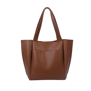 Minimalist large capacity dark brown PU leather tote bag with front pocket for daily commute