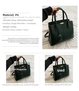Detailed size and capacity view of dark green PU leather tote bag with dimensions for iPad