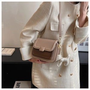 Detail showing two-tone leather crossbody bag with dog charm and gold buckle on tweed coat
