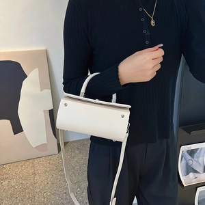Chic white cylindrical handbag with silver studs and slim shoulder strap for women