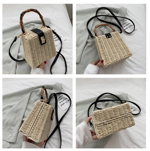 Detailed views of woven straw bag featuring natural bamboo handles and gold metal twist lock