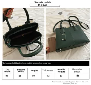 Detailed size chart and internal capacity of the dark green pebble leather handbag