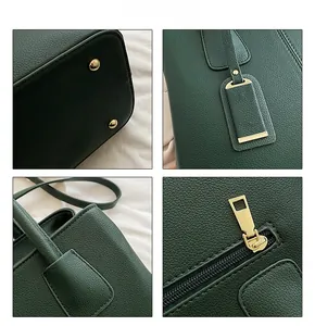 Detail shots of dark green litchi leather bag featuring golden studs and hardware