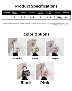 Detailed size chart for bow handbag showing width, height, and strap dimensions in cm