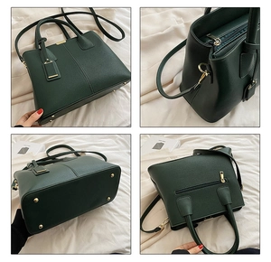 Detailed views of dark green pebble leather handbag showing base studs and zip pocket