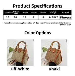 Detailed size chart for straw woven handbag with dimensions and bamboo handles