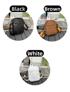 Detail view of small crossbody bags in black, brown and white with adjustable straps